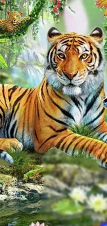 Majestic tiger in a vibrant jungle setting, surrounded by lush foliage.