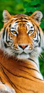 Majestic tiger resting in lush jungle foliage.