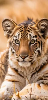 Vibrant tiger lying down on a natural background.