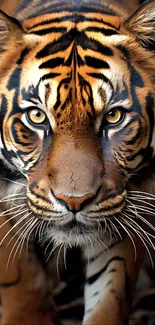 Close-up view of a fierce tiger in the wild, showcasing vibrant colors in the wallpaper.