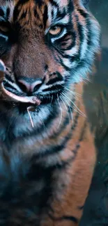 Close-up of a majestic tiger in a dreamy forest setting.