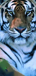 Close-up of a majestic tiger with striking stripes and green eyes.