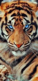 Majestic tiger with blue eyes in captivating wallpaper.