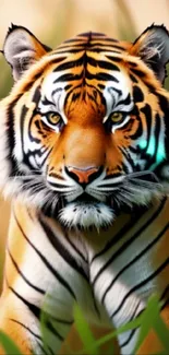 Majestic tiger in vibrant colors on a mobile phone wallpaper.