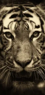Monochrome tiger face wallpaper in sepia tone.
