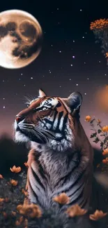 Majestic tiger under a moonlit sky with stars and orange flowers.