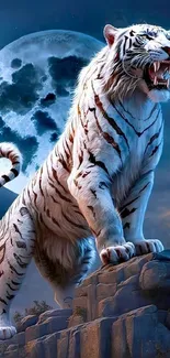 White tiger standing on a cliff under full moon at night.