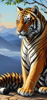 A majestic tiger sits against a scenic mountain backdrop.