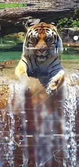 Tiger standing in the waterfall on a serene background.