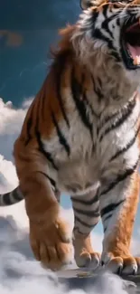 A roaring tiger leaps against a cloudy sky in a dynamic display of power and majesty.