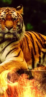 Majestic tiger resting on a forest stump in lush greenery.