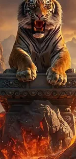 A majestic tiger on a throne with a fiery backdrop, perfect for a phone wallpaper.