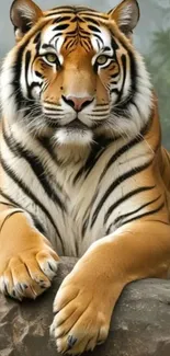 Majestic tiger resting on a rock with vivid stripes.