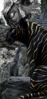 Majestic tiger with dark stripes on a rocky terrain in mystical setting.