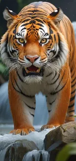 Vivid image of a tiger standing on a waterfall in lush green surroundings.