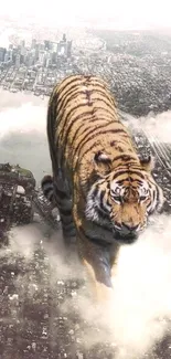 Tiger walking above a cloudy cityscape, creating a surreal experience.