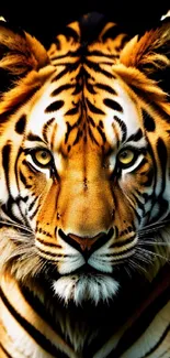 Majestic tiger with vivid orange and black stripes on a black background.