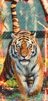 Close-up of a tiger in a natural setting with rich greenery and sunlight.