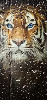 Majestic tiger with raindrops, vivid colors, and intense gaze.