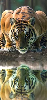 Majestic tiger looks at its serene reflection in the water.