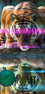 Tiger with neon purple accents reflected in water.