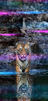 Majestic tiger walking in water with reflection in a natural setting.