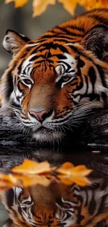 Tiger with autumn leaves reflection in water.