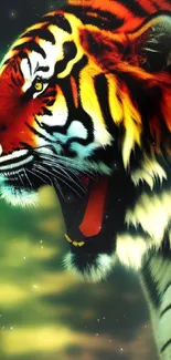 Vibrant tiger roaring with dynamic colors.