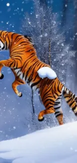 Tiger leaping through snowy forest in winter wallpaper.