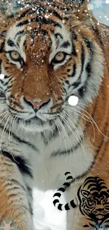 Majestic tiger in the snow with intricate patterns and vibrant fur colors.