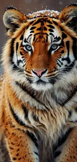 Majestic tiger in snow with captivating gaze and striking fur pattern.