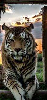 Majestic tiger framed against a vibrant sunset landscape.