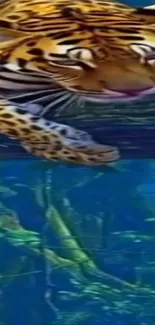 Tiger swimming in vibrant jungle setting with rich colors.
