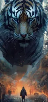 Majestic tiger in a surreal urban landscape wallpaper.