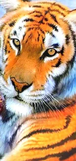 Majestic tiger resting with vibrant colors in a natural setting, perfect for phone wallpaper.