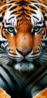 Majestic tiger face with striking stripes and vibrant colors on mobile wallpaper.