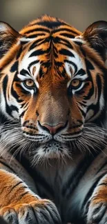 Majestic tiger staring directly at viewer in lush forest backdrop.