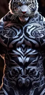 Tiger warrior with intricate black and white body art in a digital fantasy style.