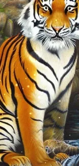 Artwork of a tiger by a waterfall, showcasing vivid orange stripes.