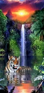 Tiger standing in a jungle at sunset with a waterfall in the background.