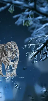 Silhouette of a tiger with icy branches in a dark blue winter scene.