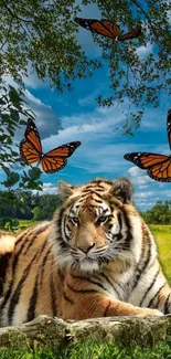 Tiger with butterflies in a natural landscape mobile wallpaper.