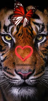 Tiger with butterfly and heart design in vivid color wallpaper.