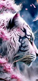 Majestic white tiger with cherry blossoms under crescent moon.