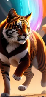 Majestic tiger with vibrant colorful trails in dynamic pose mobile wallpaper.