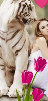 Wallpaper with a white tiger, pink tulips, and serene background.