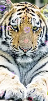 Majestic tiger with colorful heart accents in vibrant wallpaper.