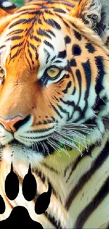 Majestic tiger with orange stripes and paw print in nature.