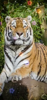 Majestic tiger lounging with colorful stars in a jungle setting.