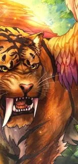 Illustrated tiger with wings in a vibrant jungle setting, full of fantasy elements.